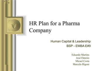 HR Plan for a Pharma
Company
        Human Capital & Leadership
                 BSP - EMBA E#9

                     Eduardo Martins
                        José Outeiro
                        Micael Costa
                      Marcelo Rigoni
 