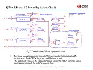 3) The 3-Phase AC Motor Equivalent Circuit
                                                  E1
                                  eu                      +   emf_u
                                                                                                                      PARAMETERS:     PARAMETERS:
                                                      +
                |Z| - Frequency                       -
                                                          -             Back-EMF Voltage                              RLL = 0.0125    LOAD = 140
                                                                                                                      LL = 105U
                                                                                                             lim_u    KT = 1.6
         Vu                                       0
                    U1                                           EMF_U                     ELIM_U                     KE = 0.02
               n1                                     emf_u
U                                                                OUT+    IN+               IN+    OUT+
                    1




                                           SP 2
                                                  sp_u           OUT-    IN-               IN-    OUT-
                                                  tu                           0       0                     lim_v




                                         TQ
                                                                                           ELIM_V    0
                                                  E2                                       IN+    OUT+
                                  ev                  +
                                                          +   emf_v                        IN-    OUT-
                                                      -
                                                          -                            0                     lim_w
                                                                                           ELIM_W    0
         Vv                                       0
                    U2                                           EMF_V                     IN+    OUT+
               n2                                     emf_v
V                                                                OUT+    IN+               IN-    OUT-
                    1




                                           SP 2   sp_v           OUT-    IN-           0                               Mechanical part
                                                  tv                           0                     0
                                         TQ

                                                                                                                                     torque
                                                  E3
                                  ew                      +   emf_w                                                  ETQ
                                                      +
                                                      -
                                                          -                                                          IN+   OUT+
                                                                                                                     IN-   OUT-
         Vw                                       0
                    U3                                           EMF_W
               n3                                     emf_w                                      U4              0            0      speed
W                                                                OUT+    IN+
                                                                                                 AND3AMB
                                           SP 2
                    1




                                                  sp_w           OUT-    IN-
                                                  tw                                   sp_u                          ESP
                                                                               0                           mul
                                         TQ




                                                                                       sp_v                          IN+   OUT+
                                                                                       sp_w                          IN-   OUT-

                                                                                                                 0            0
N0




                                  Fig. 3 Three-Phase AC Motor Equivalent Circuit

        •     This figure shows the equivalent circuit of AC motor model that includes the |Z|-
              frequency part ,Back-EMF voltage part ,and Mechanical part.
        •      The Back-EMF voltage is the voltage generated across the motor's terminals as the
              windings move through the motor's magnetic field.
                                       All Rights Reserved Copyright (C) Bee Technologies Inc. 2012                                                 4
 
