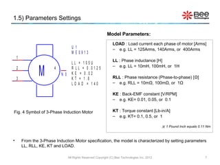 1.5) Parameters Settings

                                                              Model Parameters:
                                                                  LOAD : Load current each phase of motor [Arms]
                                     U 1                          – e.g. LL = 125Arms, 140Arms, or 400Arms
                                     M E0913
    1
                                                                  LL : Phase inductance [H]
                                     LL    = 105U

                M
                                                                  – e.g. LL = 10mH, 100mH, or 1H
    2                    4           R L   L = 0 .0 1 2 5
                             N 0     KE     = 0 .0 2
    3                                KT     = 1 .6                RLL : Phase resistance (Phase-to-phase) [Ω]
                                     LO    AD = 140               – e.g. RLL = 10mΩ, 100mΩ, or 1Ω

                                                                  KE : Back-EMF constant [V/RPM]
                                                                  – e.g. KE= 0.01, 0.05, or 0.1

Fig. 4 Symbol of 3-Phase Induction Motor                          KT : Torque constant [Lb-in/A]
                                                                  – e.g. KT= 0.1, 0.5, or 1

                                                                                                   1 Pound Inch equals 0.11 Nm



•       From the 3-Phase Induction Motor specification, the model is characterized by setting parameters
        LL, RLL, KE, KT and LOAD.

                                   All Rights Reserved Copyright (C) Bee Technologies Inc. 2012                            7
 