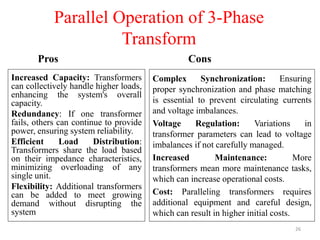 Parallel Operation of 3-Phase
Transform
Pros
Increased Capacity: Transformers
can collectively handle higher loads,
enhancing the system's overall
capacity.
Redundancy: If one transformer
fails, others can continue to provide
power, ensuring system reliability.
Efficient Load Distribution:
Transformers share the load based
on their impedance characteristics,
minimizing overloading of any
single unit.
Flexibility: Additional transformers
can be added to meet growing
demand without disrupting the
system
Cons
Complex Synchronization: Ensuring
proper synchronization and phase matching
is essential to prevent circulating currents
and voltage imbalances.
Voltage Regulation: Variations in
transformer parameters can lead to voltage
imbalances if not carefully managed.
Increased Maintenance: More
transformers mean more maintenance tasks,
which can increase operational costs.
Cost: Paralleling transformers requires
additional equipment and careful design,
which can result in higher initial costs.
26
 