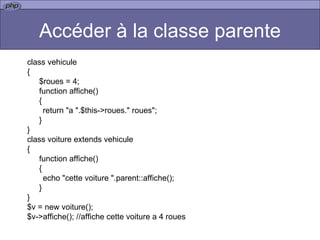 Accéder à la classe parente class vehicule { $roues = 4; function affiche() { return "a ".$this->roues." roues"; } } class voiture extends vehicule { function affiche() { echo "cette voiture ".parent::affiche(); } } $v = new voiture(); $v->affiche(); //affiche cette voiture a 4 roues 