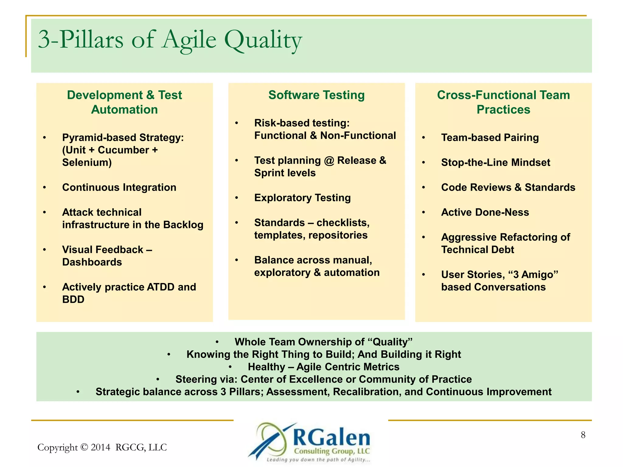 3-Pillars of Agile Quality 
Copyright © 2014 RGCG, LLC 
8 
Development & Test 
Automation 
• Pyramid-based Strategy: 
(Unit + Cucumber + 
Selenium) 
• Continuous Integration 
• Attack technical 
infrastructure in the Backlog 
• Visual Feedback – 
Dashboards 
• Actively practice ATDD and 
BDD 
Software Testing 
• Risk-based testing: 
Functional & Non-Functional 
• Test planning @ Release & 
Sprint levels 
• Exploratory Testing 
• Standards – checklists, 
templates, repositories 
• Balance across manual, 
exploratory & automation 
Cross-Functional Team 
Practices 
• Team-based Pairing 
• Stop-the-Line Mindset 
• Code Reviews & Standards 
• Active Done-Ness 
• Aggressive Refactoring of 
Technical Debt 
• User Stories, “3 Amigo” 
based Conversations 
• Whole Team Ownership of “Quality” 
• Knowing the Right Thing to Build; And Building it Right 
• Healthy – Agile Centric Metrics 
• Steering via: Center of Excellence or Community of Practice 
• Strategic balance across 3 Pillars; Assessment, Recalibration, and Continuous Improvement 
 