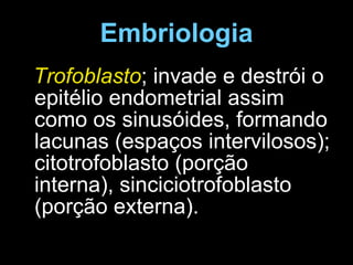 Embriologia Trofoblasto ; invade e destrói o epitélio endometrial assim como os sinusóides, formando lacunas (espaços intervilosos); citotrofoblasto (porção interna), sinciciotrofoblasto (porção externa). 