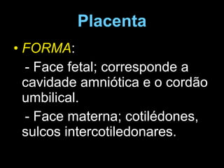Placenta FORMA : - Face fetal; corresponde a cavidade amniótica e o cordão umbilical. - Face materna; cotilédones, sulcos intercotiledonares. 