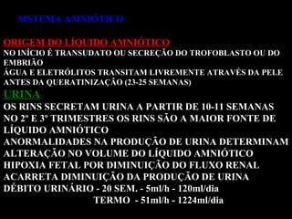 SISTEMA AMNIÓTICO ORIGEM DO LÍQUIDO AMNIÓTICO NO INÍCIO É TRANSUDATO OU SECREÇÃO DO TROFOBLASTO OU DO  EMBRIÃO ÁGUA E ELETRÓLITOS TRANSITAM LIVREMENTE ATRAVÉS DA PELE  ANTES DA QUERATINIZAÇÃO (23-25 SEMANAS) URINA OS RINS SECRETAM URINA A PARTIR DE 10-11 SEMANAS NO 2º E 3º TRIMESTRES OS RINS SÃO A MAIOR FONTE DE  LÍQUIDO AMNIÓTICO ANORMALIDADES NA PRODUÇÃO DE URINA DETERMINAM  ALTERAÇÃO NO VOLUME DO LÍQUIDO AMNIÓTICO HIPOXIA FETAL POR DIMINUIÇÃO DO FLUXO RENAL  ACARRETA DIMINUIÇÃO DA PRODUÇÃO DE URINA DÉBITO URINÁRIO - 20 SEM. - 5ml/h - 120ml/dia TERMO  - 51ml/h - 1224ml/dia 