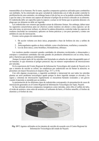transmisibles al ser humano. Por lo tanto, aquellos compuestos químicos utilizados para combatirlos
son múltiples. Se ha sintetizado una gran variedad de rodenticidas con el afán de poder controlar la
proliferación de estos animales; sin embargo hasta el día de hoy no se ha podido controlarlos debido
a que las ratas y los ratones son capaces de detectar el peligro de un tóxico colocado en su alimento.
El rodenticida debe ser específico para la especie y actuar en tal forma que no permita detectar a la
plaga que ese alimento no debe ser ingerido.
    Los rodenticidas son venenos que pueden actuar de diferentes formas. Sin embargo, deben tener
las siguientes características para ser efectivos contra roedores sin afectar a otras especies: ser de
una sola toma, no provocar rechazo, no afectar la cadena alimenticia, controlar todas las especies de
roedores (incluidas las resistentes), aplicarse en forma prácticas y con poco personal y contar con
antídoto en caso de intoxicación.
    Existen varios grupos de rodenticidas:

       1. De acción violenta con dosis única, preparados a base de fosfuros de zinc y sulfato de
          talio.
       2. Anticoagulantes agudos en dosis múltiple, como clorofacinona, warfarina y coumaclor.
       3. Los de dosis única, como brodifaco, bromadiolona, difenaco.

    Los roedores pueden consumir grandes cantidades de alimentos recolectados y almacenados y
estropear o contaminar cantidades aún más grandes de productos alimenticios con su orina, heces,
pelo y bacterias que producen enfermedades.
    Aunque la mayor parte de los raticidas está formulada en señuelos de sabor desagradable para el
ser humano, lo que minimiza el peligro potencial, hay un número sorprendentes de intoxicaciones
por raticidas.
    En la experiencia del Centro Regional de Información Toxicológica del estado de Nayarit en lo
que a intentos de suicido se refiere, las estadísticas por rodenticida son de llamar la atención; se
presentan con mayor frecuencia en mujeres (Figs. 15-7 y 15-8).
    Con sólo algunas excepciones, a ingestión accidental o intencional de casi todos los raticidas
plantea un serio problema toxicológico agudo porque la dosis ingerida siempre es elevada y los
signos y síntomas de intoxicación regularmente se encuentran bastante avanzados y son graves
cuando el paciente es atendido por un médico.
    La presentación de los diferentes tipos de rodenticidas corresponde a la presentación de casos de
intoxicación generados en el Centro Regional de Información Toxicológica de Tepic, Nayarit.
    Se han utilizado diversos compuestos inorgánicos como raticidas, entre ellos el sulfato de talio,
el óxido de arsénico, otras sales de arsénico, el carbonato de bario, el fósforo amarillo, el fosfuro de
aluminio y el fosfuro de zinc.




   Fig. 15-7. Agentes utilizados en los intentos de suicidio de acuerdo con el Centro Regional de
                          Información Toxicológica del estado de Nayarit.
 