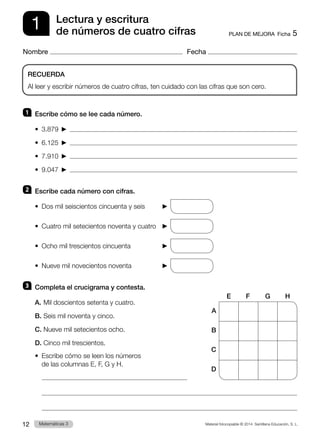 Material fotocopiable © 2014 Santillana Educación, S. L.
12 Llengua 3
Matemáticas 3
Nombre Fecha
Lectura y escritura
de números de cuatro cifras
RECUERDA
Al leer y escribir números de cuatro cifras, ten cuidado con las cifras que son cero.
PLAN DE MEJORA  Ficha 5
1
1 	 Escribe cómo se lee cada número.
•  3.879    
•  6.125    
•  7.910    
•  9.047    
2 	 Escribe cada número con cifras.
•  Dos mil seiscientos cincuenta y seis	  
•  Cuatro mil setecientos noventa y cuatro	  
•  Ocho mil trescientos cincuenta	  
•  Nueve mil novecientos noventa	  
3 	 Completa el crucigrama y contesta.
A.	Mil doscientos setenta y cuatro.
B.	Seis mil noventa y cinco.
C.	Nueve mil setecientos ocho.
D.	Cinco mil trescientos.
•  
Escribe cómo se leen los números
de las columnas E, F, G y H.
	 
	 
	 
E
A
B
C
D
F G H
 