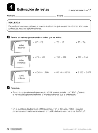 Material fotocopiable © 2014 Santillana Educación, S. L.
24 Llengua 3
Matemáticas 3
4
Nombre Fecha
PLAN DE MEJORA  Ficha 17
Estimación de restas
1 	 Estima las restas aproximando al orden que se indica.
•  67 2 23	 •  72 2 18	 •  93 2 64
•  476 2 129	 •  760 2 329	 •  897 2 516
•  4.345 2 1.780	 •  8.210 2 5.876	 •  9.205 2 3.672
2 	 Resuelve.
•  
Paco ha comprado una impresora por 425 € y un ordenador por 790 €. ¿Cuánto
le ha costado aproximadamente la impresora menos que el ordenador?
•  
En el pueblo de Carlos viven 4.590 personas, y en el de Lucía, 7.350. ¿Cuántas
personas aproximadamente viven en el pueblo de Lucía más que en el de Carlos?
RECUERDA
Para estimar una resta, primero aproxima el minuendo y el sustraendo al orden adecuado
y, después, resta las aproximaciones.
A las
decenas
A los
millares
A las
centenas
 