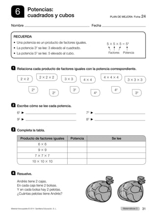 Material fotocopiable © 2014 Santillana Educación, S. L. 31
Matemáticas 3
6
Nombre Fecha
PLAN DE MEJORA  Ficha 24
Potencias:
cuadrados y cubos
1 	 Relaciona cada producto de factores iguales con la potencia correspondiente.
2 	 Escribe cómo se lee cada potencia.
62
    
92
    
73
    
83
    
3 	 Completa la tabla.
Producto de factores iguales Potencia Se lee
6 3 6
9 3 9
7 3 7 3 7
10 3 10 3 10
4 	Resuelve.
Andrés tiene 2 cajas.
En cada caja tiene 2 bolsas.
Y en cada bolsa hay 2 pelotas.
¿Cuántas pelotas tiene Andrés?
2 3 2
23
42
32
22
33
43
3 3 3
4 3 4 3 4
2 3 2 3 2
4 3 4 3 3 3 3 3
RECUERDA
•  Una potencia es un producto de factores iguales.
•  La potencia 32
se lee: 3 elevado al cuadrado.
•  La potencia 53
se lee: 5 elevado al cubo.
5 3 5 3 5 5 53
Factores Potencia
 