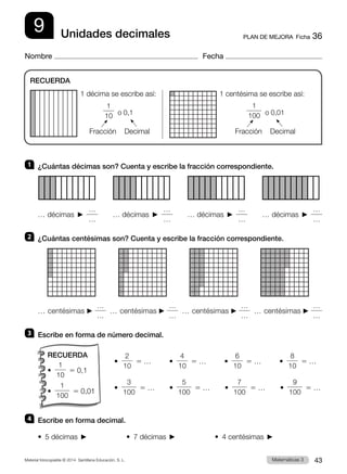 Material fotocopiable © 2014 Santillana Educación, S. L. 43
Matemáticas 3
9
Nombre Fecha
PLAN DE MEJORA  Ficha 36
Unidades decimales
1 	 ¿Cuántas décimas son? Cuenta y escribe la fracción correspondiente.
… décimas   
…
…     
… décimas   
…
…     
… décimas   
…
…     
… décimas   
…
…
2 	 ¿Cuántas centésimas son? Cuenta y escribe la fracción correspondiente.
… centésimas
…
…  
… centésimas
…
…  
… centésimas
…
…  
… centésimas
…
…
3 	 Escribe en forma de número decimal.
• 
2
10  
5 …          • 
4
10  
5 …          • 
6
10  
5 …          • 
8
10  
5 …
• 
3
100  
5 …	 • 
5
100  
5 …	 • 
7
100  
5 …	 • 
9
100  
5 …
4 	 Escribe en forma decimal.
•  5 décimas                        •  7 décimas                        •  4 centésimas 
RECUERDA
1 décima se escribe así:	 1 centésima se escribe así:
	
1
10 o 0,1	
1
100 o 0,01
Fracción Fracción
Decimal Decimal
RECUERDA
• 
1
10  
5 0,1
• 
1
100  
5 0,01
 