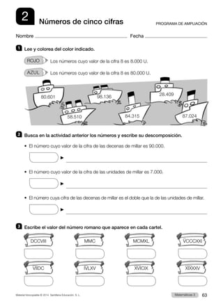 Material fotocopiable © 2014 Santillana Educación, S. L. 63
Matemáticas 3
Nombre Fecha
PROGRAMA DE AMPLIACIÓN
2 Números de cinco cifras
1 	 Lee y colorea del color indicado.
ROJO    Los números cuyo valor de la cifra 8 es 8.000 U.
AZUL    Los números cuyo valor de la cifra 8 es 80.000 U.
2 	 Busca en la actividad anterior los números y escribe su descomposición.
•  El número cuyo valor de la cifra de las decenas de millar es 90.000.
   

•  El número cuyo valor de la cifra de las unidades de millar es 7.000.
   

•  
El número cuya cifra de las decenas de millar es el doble que la de las unidades de millar.
   

3 	 Escribe el valor del número romano que aparece en cada cartel.
DCCVIII
    
MMC
    
MCMXL
    
VCCCXXI
              
VIIDC
    
IVLXV
    
XVICIX
    
XIXXXV
              
58.510
80.601
84.315
98.136
87.024
28.409
 