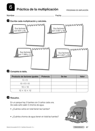 Material fotocopiable © 2014 Santillana Educación, S. L. 67
Matemáticas 3
6
Nombre Fecha
PROGRAMA DE AMPLIACIÓN
Práctica de la multiplicación
1 	 Escribe cada multiplicación y calcúlala.
2 	 Completa la tabla.
Producto de factores iguales Potencia Se lee Valor
5 3 5
6 3 6 3 6
10 3 10
12 3 12 3 12
3 	 Resuelve.
En un parque hay 3 fuentes con 3 caños cada una.
De cada caño salen 3 chorros de agua.
•  
¿Cuántos caños en total tienen las fuentes?
•  
¿Cuántos chorros de agua tienen en total las fuentes?
Sus factores
son 654 y 26.
Sus factores
son 7.306 y 175.
Sus factores
son 3.567 y 49.
Sus factores
son 4.827 y 456.
 
