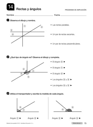 Material fotocopiable © 2014 Santillana Educación, S. L. 75
Matemáticas 3
14
Nombre Fecha
PROGRAMA DE AMPLIACIÓN
Rectas y ángulos
1 	 Observa el dibujo y nombra.
•  Las rectas paralelas.
•  Un par de rectas secantes.
•  Un par de rectas perpendiculares.
2 	 ¿Qué tipo de ángulo es? Observa el dibujo y completa.
•  El ángulo 2  
•  El ángulo 1  
•  El ángulo 3  
•  Los ángulos 2 y 3  
•  Los ángulos 3 y 4  
3 	 Utiliza el transportador y escribe la medida de cada ángulo.
Ángulo 1          Ángulo 2   	Ángulo 3          Ángulo 4  
1
1
4
3
2
2
3
4
3
1
2
4
 