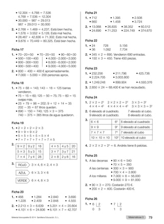 Material fotocopiable © 2014 Santillana Educación, S. L. 79
Matemáticas 3
	 • 12.304 2 4.768 5 7.536
	4.768 1 7.536 5 12.304
	 • 30.000 2 987 5 29.013
	987 1 29.013 5 30.000
2.	 • 2.768 1 1.469 5 4.237. Está bien hecha.
	 • 1.576 1 3.552 ° 5.128. Está mal hecha.
	 • 28.467 1 42.836 ° 71.302. Está mal hecha.
	 • 9.876 1 70.449 5 80.325. Está bien hecha.
Ficha 17
1.	 • 70220550   • 70220550   • 90260530
	 • 50021005400	 • 4.00022.00052.000
	 • 80023005500	 • 8.00026.00052.000
	 • 90025005400	 • 9.00024.00055.000
2.	 • 800 2 400 5 400 € aproximadamente.
	 • 7.000 2 5.000 5 
200 personas aprox.
Ficha 18
1.	 • 
75 1 68 5 143; 143 2 18 5 125 barras
vendieron.
	 • 
75 2 15 5 60; 125 2 50 5 75; 75 2 60 5 15
ovejas más.
	 • 
25 1 79 1 98 5 202; 9 1 12 1 14 5 35
202 2 35 5 67 litros quedan.
	 • 890 2 150 5 740; 125 3 3 5 375
	740 2 375 5 365 litros de agua quedaron.
Ficha 19
1.	 • 2 1 2 1 2 5 2 3 3
	 • 9 1 9 5 9 3 2
	 • 5 1 5 1 5 1 5 5 5 3 4
	 • 7 1 7 1 7 1 7 1 7 5 7 3 5
2.
9 3 2 9 y 2 18 4 3 5 4 y 5 20
5 3 3 5 y 3 15 3 3 7 3 y 7 21
7 3 4 7 y 4 28 2 3 8 2 y 8 16
3.	 ROJO   3 3 4, 6 3 2, 4 3 3
	 AZUL   6 3 3, 3 3 6
	 VERDE   6 3 4, 8 3 3
Ficha 20
1.	 • 468	 • 1.284	 • 2.840	 • 3.690
	 • 1.228	 • 2.409	 • 2.848	 • 4.555
2.	 • 2.213 3 3 5 6.639	 • 5.201 3 4 5 20.804
	 • 4.101 3 6 5 24.606	 • 6.101 3 7 5 42.707
Ficha 21
1.	 • 712	 • 1.395	 • 2.508
	 • 660	 • 1.458	 • 3.724	
2.	 • 13.068	 • 26.835	 • 38.352	 • 60.512
	 • 24.690	 • 71.253	 • 224.749	 • 374.670
Ficha 22
1.	 • 24	 728	 5.156
	 • 36	 1.092	 7.734
2.	 • 345 3 2 5 690. Vendieron 690 entradas.
	 • 150 3 3 5 450. Tiene 450 piezas.
Ficha 23
1.	 • 232.256	 • 211.796	 • 425.736
	 • 2.224.705	 • 3.003.800
2.	 • 1.249.248	 • 899.904	 • 4.593.376
3.	2.850 3 24 5 68.400 € se han recaudado.
Ficha 24
1.	2 3 2 5 22
	 2 3 2 3 2 5 23
	3 3 3 5 32
	4 3 4 5 42
	 4 3 4 3 4 5 43
	3 3 3 3 3 5 33
2.	 6 elevado al cuadrado.	 7 elevado al cubo.
	 9 elevado al cuadrado.	 8 elevado al cubo.
3.
6 3 6 62
6 elevado al cuadrado
9 3 9 92
9 elevado al cuadrado
7 3 7 3 7 73
7 elevado al cubo
10 3 10 3 10 103
10 elevado al cubo
4.	2 3 2 3 2 5 23
5 8. Andrés tiene 8 pelotas.
Ficha 25
1.	 A las decenas	 • 90 3 6 5 540
		 • 70 3 5 5 350
	 A las centenas	 • 300 3 3 5 900
		 • 700 3 4 5 2.800
	 A los millares	 • 7.000 3 8 5 56.000
		 • 9.000 3 9 5 81.000
2.	 • 90 3 3 5 270. Costarán 270 €.
	 • 200 3 2 5 400. Costarán 400 €.		
Ficha 26
1.	 •  6	2
0	3       
•  7	2
1	3
 