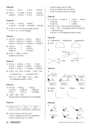 Material fotocopiable © 2014 Santillana Educación, S. L.
82 Llengua 3
Matemáticas 3
Ficha 39
1.	 • 82,3	 • 44,7	 • 13,51	 • 65,39
2.	 • 70,2	 • 104,06	 • 70,9	 • 83,05
	 • 209,91	 • 373,2	 • 37,9	 • 327,78
Ficha 40
1.	 • 133,5	 • 22,56	 • 88,65
	 • 176,04	 • 14,196	 • 343,628	 • 32,025
2.	 • 12,5 3 3 5 37,5 m de cuerda compra.
	 • 1,75 3 5,4 5 9,75 € pagará.
Ficha 41
1.	 • 30 cm	 • 20 mm	 • 40 m	 • 60 m
	 • 70 cm	 • 40 mm	 • 300 m	 • 700 m
	 • 800 m	 • 60 mm	 • 5.000 m	 • 9.000 m
2.	 • 58 cm	 • 69 m
	 • 307 cm	 • 725 m
	 • 869 cm	 • 8.250 m
3.	9.750 2 7.000 5 2.750 m
	 le faltan por recorrer.
Ficha 42
1.	 • 20 dl	 • 300 cl	 • 50 ℓ	 • 80 ℓ
	 • 70 dl	 • 500 cl	 • 600 ℓ	 • 900 ℓ
	 • 80 dl	 • 50 cl	 • 3.000 ℓ	 • 5.000 ℓ
2.	 • 100 2 45 5 55 cl 	 • 2.000 2 1.250 5 750
	 Le sobran 55 cl.	 Le quedan 750 ℓ.
	 • 
85 3 2 5 170; 1.320 2 170 5 1.150 ℓ
En el depósito quedan 1.150 ℓ.
Ficha 43
1.	 • 27 dg	 • 58 dg	 • 79 dg
	 • 412 cg	 • 634 cg	 • 806 cg
	 • 35 g	 • 787 g	 • 9.096 g
2.	1.250 2 850 5 400
	 Compra 400 g de pastas más que pasteles.
Ficha 44
1.	 Las 7
y 10  
La 1
y 25  
Las 4
menos 25  
Las 6
menos 10
2.	 • Las 4 y cinco o las 16 y cinco.
	 • Las 7 y veinticinco o las 19 y veinticinco.
	 • Las 2 y veinte o las 14 y veinte.
	 • Las 8 y diez o las 20 y diez.
	 • Las 3 y media o las 15 y treinta.
	 • Las 10 y cuarto o las 22 y cuarto.
Ficha 45
1.	 • 120 min	 • 180 min	 • 240 s	 • 480 s
	 • 155 min		 • 198 s
	 • 205 min		 • 266 s
2.	 • 120 1 35 5 155 minutos duró el paseo.
	 • 
155 2 145 5 10 segundos dura una canción
más que la otra.
	 • 45 min 5 2.700 segundos duró la clase.
Ficha 46
1.	7 segmentos   6 segmentos   9 segmentos
2.	R.M.
3.	
				
			
AZUL AZUL
ROJO
Ficha 47
1.	
Vértice Vértice Vértice
Lados
Lados Lados
2.	Agudo      Recto      Obtuso      Recto
3.	R.M.
Ficha 48
1.	
	 45º		 90º		 140º
	 80º		 120º		   60º
 