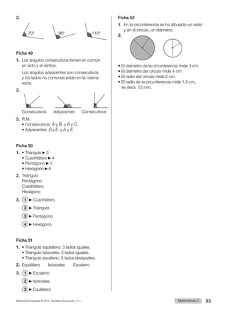 Material fotocopiable © 2014 Santillana Educación, S. L. 83
Matemáticas 3
2.		 		
	    70º		 90º	 	 110º
Ficha 49
1.	 Los ángulos consecutivos tienen en común
un lado y el vértice.
	 Los ángulos adyacentes son consecutivos
y los lados no comunes están en la misma
recta.
2.	
	 Consecutivos    Adyacentes    Consecutivos
3.	R.M.
	 • Consecutivos: Â y B̂, y B̂ y Ĉ.
	 • Adyacentes: D̂ y Ê, y Â y Ê.
Ficha 50
1.	 • Triángulo 3	
	 • Cuadrilátero 4
	 • Pentágono 5
	 • Hexágono 6
2.	Triángulo
	Pentágono
	Cuadrilátero
	Hexágono
3.	 1 Cuadrilátero
	 2 Triángulo
	 3 Pentágono
	 4 Hexágono
Ficha 51
1.	 • Triángulo equilátero: 3 lados iguales.
	 • Triángulo isósceles: 2 lados iguales.
	 • Triángulo escaleno: 3 lados desiguales.
2.	Equilátero    Isósceles    Escaleno
3.	 1 Escaleno
	 2 Isósceles
	 3 Equilátero
Ficha 52
1.	 En la circunferencia se ha dibujado un radio
y en el círculo, un diámetro.
2.
• El diámetro de la circunferencia mide 3 cm.
• El diámetro del círculo mide 4 cm.
• El radio del círculo mide 2 cm.
• El radio de la circunferencia mide 1,5 cm,
	 es decir, 15 mm.
 