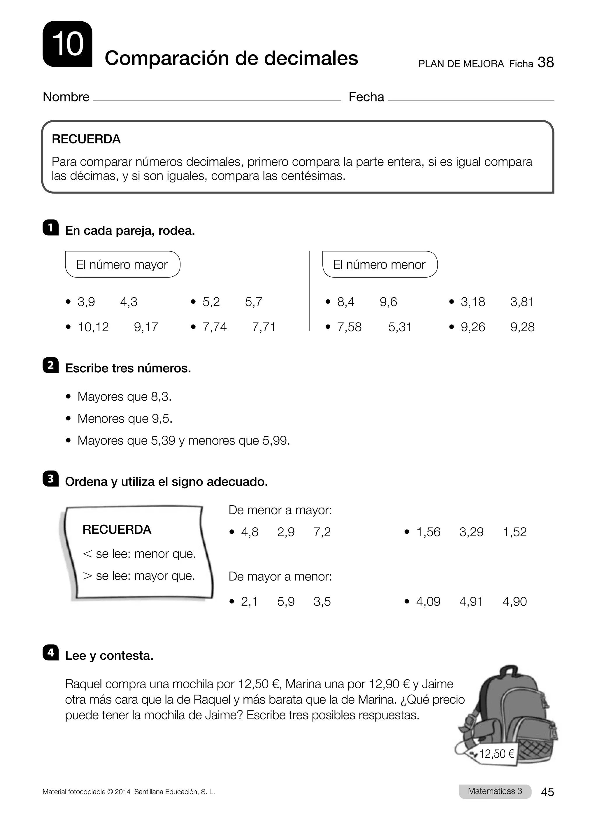 Ejercicios y Evaluación Matemáticas 3º primaria Santillana Proyecto ...