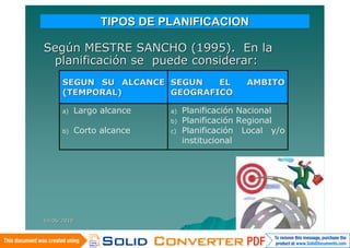 TIPOS DE PLANIFICACION

Según MESTRE SANCHO (1995). En la
 planificación se puede considerar:
      SEGUN SU ALCANCE SEGUN   EL               AMBITO
      (TEMPORAL)       GEOGRAFICO

      a)     Largo alcance   a)   Planificación Nacional
                             b)   Planificación Regional
      b)     Corto alcance   c)   Planificación Local y/o
                                  institucional




14/06/2010
 