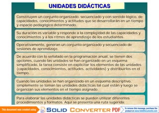 UNIDADES DIDÁCTICAS
                   UNIDADES DIDÁCTICAS
Constituyen un conjunto organizado, secuenciado y con sentido lógico, de
capacidades, conocimientos y actitudes que se desarrollarán en un tiempo
y espacio pedagógico determinado.

Su duración es variable y responde a la complejidad de las capacidades y
conocimientos y a los ritmos de aprendizaje de los estudiantes.

Operativamente, generan un conjunto organizado y secuenciado de
sesiones de aprendizaje.

De acuerdo con lo señalado en la programación anual, se tienen dos
opciones, cuando las unidades se han organizado en un esquema
simplificado, la tarea consiste en explicitar los elementos de las unidades
(capacidades, conocimientos, actitudes, actividades) y distribuirlos en el
tiempo.

Cuando las unidades se han organizado en un esquema descriptivo,
simplemente se toman las unidades didácticas tal cual están y luego se
organizan sus elementos en el tiempo asignado.

Para elaborar las unidades didácticas se pueden utilizar diferentes
  14/06/2010
procedimientos y formatos. Aquí se presenta una ruta sugerida:
 