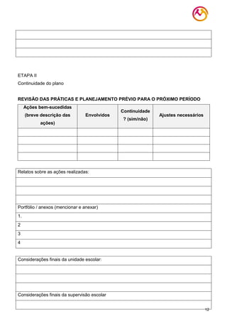 12
ETAPA II
Continuidade do plano
REVISÃO DAS PRÁTICAS E PLANEJAMENTO PRÉVIO PARA O PRÓXIMO PERÍODO
Ações bem-sucedidas
(breve descrição das
ações)
Envolvidos
Continuidade
? (sim/não)
Ajustes necessários
Relatos sobre as ações realizadas:
Portfólio / anexos (mencionar e anexar)
1.
2
3
4
Considerações finais da unidade escolar:
Considerações finais da supervisão escolar
 