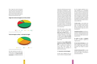 Tanto a origem dos turistas internacionais                                       consecutivo, o Brasil estava entre os dez pri-        dos, três sondagens qualitativas com tu-
que visitam o Brasil como as motivações de                                       meiros países no ranking da ICCA – Interna-           ristas estrangeiros de 27 nacionalidades
viagens demonstram diversificação e uma                                          tional Congress and Convention Association.           diferentes, no momento em que encerravam
importante participação do segmento de ne-                                       Além de estar na sétima posição (em 2003,             sua visita ao Brasil. As entrevistas foram
gócios e eventos, responsável por quase 1/3                                      ocupava a 19ª), com 254 eventos realizados            realizadas nas salas de embarque dos aero-
da demanda internacional para o país.                                            (contra 62 em 2003), mais cidades brasilei-           portos internacionais no momento de saída
                                                                                 ras passam a ser sede (45 cidades em 2008,            do país. A sondagem busca detectar tendên-
                                                                                 contra 22 em 2003). Essa situação consoli-            cias de evolução da imagem e a percepção
Origem dos turistas estrangeiros em visita ao Brasil
                                                                                 da o Brasil como um dos principais destinos           da propaganda do destino turístico Brasil no
                                                                                 de eventos associativos do mundo e mostra             exterior. Os principais resultados da mais re-
                                                                                 a crescente qualificação e melhoria de infra-         cente, de 2009, foram:
                                                                                 estrutura das cidades brasileiras para rece-
                                                                                 ber o turista de eventos – que é geralmente           O melhor do país é o povo brasileiro, que
                                                                                 um formador de opinião, com renda média               aparece nas citações de 45% dos entrevis-
                                                                                 elevada e que tem um gasto diário bem supe-           tados. Com destaque, também aparecem
                                                                                 rior ao turista de lazer.                             Belezas naturais/Natureza (23%), Praias/
                                                                                                                                       Mar (18%), Sol/Clima tropical (com 14%) e
                                                                                 Desde 2005, quando se iniciou a implan-               Diversidade (9%).
                                                                                 tação do Plano Aquarela, o Brasil alcançou
                                                                                 também uma meta fundamental – ser                     A qualidade dos produtos, para 68% dos en-
Fonte: Demanda Turística Internacional 2008 - Ministério do Turismo/FIPE.
                                                                                 destino líder da América do Sul. E, nos               trevistados, a qualidade dos produtos é muito
                                                                                 mercados definidos como prioritários para             alta ou alta – uma evolução positiva em rela-
Turista estrangeiro no Brasil – motivação da viagem                              a promoção interacional, o país atingiu,              ção à pesquisa de 2006, quando esse per-
                                                                                 em 2008, a posição de líder em 15 países              centual era de 57%.
                                                                                 e é o segundo nos 6 restantes, comparado
                                                                                 com seus competidores diretos da América              Na opinião do turista, a propaganda
                                                                                 Latina e Caribe.                                      do Brasil é emocional e geradora de
                                                                                                                                       imagens positivas.
                                                                                 Ou seja, hoje, o Brasil já atingiu o posicio-
                                                                                 namento que, em 2004, foi proposto para               37% dos turistas entrevistados que viram
                                                                                 2010: ser o destino líder da América do               alguma propaganda sobre o Brasil associa-
                                                                                 Sul e, em médio prazo, ser referência no              ram-na a alguma imagem positiva e 38% a
                                                                                 turismo global. Outros detalhes dos                   sentimentos como vontade de conhecer,
                                                                                 resultados podem ser encontrados no                   alegria.
Fonte: Demanda Turística Internacional 2008 - Ministério do Turismo/FIPE.
                                                                                 apêndice deste documento.
                                                                                                                                       A internet foi fonte para 63% dos turistas
Outro dado importante para análise da si-                                        3 – O que pensa o turista estrangeiro                 buscaram informações sobre o país na in-
tuação do país no mercado turístico global                                                                                             ternet antes da viagem, e 13% acessaram o
é o desempenho como destino de eventos                                           De 2004 a 2009, a EMBRATUR realizou, por              portal www.braziltour.com.
internacionais. Em 2008, pelo terceiro ano                                       meio de institutos de pesquisas qualifica-




                                                                            32                                                    33
 