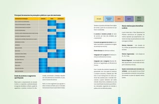 Principais ferramentas de promoção e públicos a que são destinadas
                                                                                                                                                                                                    negócios,
                                                                                                                                  ecoturismo e
 FERRAMENTAS DE PROMOçãO                                  IMPRENSA         TRADE         CONSUMIDOR            sol e praia                               cultura                esporte             eventos e
                                                                                                                                    aventura
                                                                                                                                                                                                   incentivos
 EBTS E COMITêS DESCUBRA BRASIL

 FEIRAS INTERNACIONAIS DE TURISMO
                                                                                                          Também os produtos ofertados foram objeto                Novos roteiros para diversificar
 FEIRAS INTERNACIONAIS DE NEGóCIOS                                                                        de revisão, a partir de um processo em que               a oferta
 EVENTOS PROMOCIONAIS
                                                                                                          foram consideradas:
                                                                                                                                                                   A partir desta fase, o Plano Operacional de
 EVENTOS E AÇõES PROMOCIONAIS PARA O PúBLICO FINAL
                                                                                                          A consulta à iniciativa privada do setor                 Produtos estrutura-se em propostas de
 CAPTAÇÃO E PROMOÇÃO DE EVENTOS                                                                           de turismo, por meio das entidades que
                                                                                                                                                                   roteiros especiais que proporcionem o au-
                                                                                                          a representam.
 TREINAMENTO à DISTâNCIA PARA AGENTES DE VIAGEM                                                                                                                    mento do tempo de permanência do turista
                                                                                                                                                                   estrangeiro no Brasil:
 SEMINÁRIOS DE VENDA                                                                                      A consulta aos gestores do turismo nos es-
 CARAVANAS
                                                                                                          tados (secretários e presidentes de órgãos
                                                                                                                                                                   Roteiros Nacionais – com duração de
                                                                                                          de promoção do turismo).
 BRASILNETWORK                                                                                                                                                     21 e 14 dias, que apresentam um panorama
                                                                                                                                                                   do Brasil.
 BRAzILTOUR                                                                                               Visitas técnicas aos destinos turísticos.

 CAMPANHAS PUBLICITÁRIAS                                                                                                                                           Roteiros Segmentados – com duração de
                                                                                                          Integração com o programa 65 Destinos In-
                                                                                                                                                                   21, 14 e 7 dias.
 MATERIAL PROMOCIONAL                                                                                     dutores, do Ministério do Turismo.
 RELAÇõES PúBLICAS
                                                                                                          Integração com o programa Destinos Re-                   Roteiros Regionais – com duração de 14 e 7
 MONITOR BRASIL
                                                                                                          ferência em Segmentação, do Ministério do                dias, que permitem o uso de meios de trans-
                                                                                                          Turismo.                                                 porte rodoviários e fluviais.
 PRESS TRIPS

 PROJETOS ESPECIAIS
                                                                                                          Com a revisão dos produtos mapeados, foi                 Opções customizadas para mercados con-
 BANCO DE IMAGENS                                                                                         apresentada uma nova grade de destinos                   solidados – que são aqueles em que o Brasil
                                                                                                          e produtos exclusivos, ampliada para 269                 já é amplamente conhecido e tem participa-
grade de produtos e segmentos                               mulada, aumentando o destaque daqueles        itens. O novo ranking levou em conta o po-               ção elevada na quota de viajantes interna-
aperfeiçoada                                                com alto potencial de crescimento no país,    tencial dos produtos para o mercado inter-               cionais.
                                                            como o turismo de aventura.                   nacional e quanto realmente vem sendo
Observando o comportamento do mercado                                                                     utilizado. Dessa forma, estabeleceu-se uma
turístico e a expansão e profissionalização                 Assim, os cinco segmentos que agrupam a       nova classificação de produtos para diferen-
de algumas atividades no Brasil, a grade de                 oferta turística do Brasil para os mercados   tes motivações, segmentos de mercado e
segmentos e produtos turísticos foi refor-                  internacionais ficaram assim determinados:    público-alvo nos diferentes países.




                                                     90                                                                                                    91
 