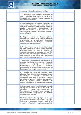 Coordenação Estratégia Carreiras Jurídicas 17 de 20
PGE-SP: PLANO DE ESTUDOS
Estratégia Carreira Jurídica
monetária e fiscal. Investimento público.
3. Classificação das receitas. Alienação de
bens. Condições para renúncia de receitas.
Vinculação de receitas. Fundos especiais de
despesa e investimento.
4. Limitação seletiva de gastos. Transferências
voluntárias. Controle do endividamento.
Operações de crédito. Prestação de garantias.
Gestão patrimonial. Modalidades de
fiscalização. Quadro atual do refinanciamento
das dívidas de Estados e Municípios perante o
governo federal.
5. Regime jurídico da despesa pública.
Despesas de custeio e de capital. Execução
orçamentária e programação financeira.
Contingenciamento de dotações. Sistemática
de pagamento de precatórios.
6. A Ordem Econômica na Constituição Federal
de 1988. A relação do Estado com a economia.
Prestação direta de serviços públicos ou
mediante delegação a particulares. Exercício
da atividade econômica pelo Estado sujeita à
livre iniciativa e em regime de concorrência
com empreendedores privados.
7. Princípios e fundamentos da regulação da
atividade econômica. Distinção entre regulação
setorial e regulação concorrencial.
Planejamento e política industrial.
Instrumentos de fomento. Responsabilidade do
Estado pela intervenção na economia.
8. Conceito de falhas de mercado: bens
públicos (free riding), externalidades sociais,
concentração de mercado, assimetrias de
informação, mercados incompletos. Conceito
de falhas de governo: captura do regulador,
teoria da escolha pública, problema de
agência, apropriação de rendas (rent seeking).
9. Sistema de preços e racionalidade limitada
dos agentes econômicos. Teoria dos custos de
transação. O papel das instituições no
funcionamento da economia e na promoção do
desenvolvimento. Regulação e políticas
públicas redistributivas.
10. Peculiaridades da regulação de serviços
públicos concedidos ou autorizados. Regulação
contratual e regulação normativa. Situação de
monopólio natural e introdução da competição.
 