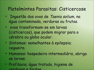 Platelmintes Parasitas: Cisticercose Ingestão dos ovos de  Taenia solium,  na água contaminada, verduras ou frutas. ovos transformam-se em larvas (cisticercos), que podem migrar para o cérebro ou globo ocular. Sintomas: semelhantes à epilepsia; cegueira. Humanos: hospedeiro intermediário, abriga as larvas. Profilaxia: água tratado, higiene de verduras e frutas. 