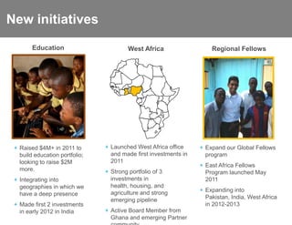 New initiatives
        Education                       West Africa                   Regional Fellows




 + Raised $4M+ in 2011 to       + Launched West Africa office     + Expand our Global Fellows
   build education portfolio;     and made first investments in     program
   looking to raise $2M           2011
                                                                  + East Africa Fellows
   more.                        + Strong portfolio of 3             Program launched May
 + Integrating into               investments in                    2011
   geographies in which we        health, housing, and
                                  agriculture and strong          + Expanding into
   have a deep presence
                                  emerging pipeline                 Pakistan, India, West Africa
 + Made first 2 investments                                         in 2012-2013
   in early 2012 in India       + Active Board Member from
                                  Ghana and emerging Partner
 