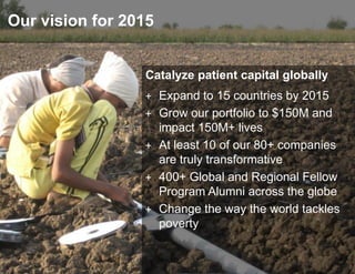 Our vision for 2015


                 Catalyze patient capital globally
                 + Expand to 15 countries by 2015
                 + Grow our portfolio to $150M and
                   impact 150M+ lives
                 + At least 10 of our 80+ companies
                   are truly transformative
                 + 400+ Global and Regional Fellow
                   Program Alumni across the globe
                 + Change the way the world tackles
                   poverty
 