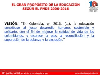 VISIÓN : “En Colombia, en 2016, (…), la educación  contribuye al justo desarrollo humano, sostenible y solidario, con el fin de mejorar la calidad de vida de los colombianos, y alcanzar la paz, la reconciliación y la superación de la pobreza y la exclusión. ” EL GRAN PROPÓSITO DE LA EDUCACIÓN SEGÚN EL PNDE 2006-2016 