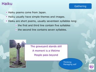 Haiku
                                                             Gathering

   Haiku poems come from Japan.
   Haiku usually have simple themes and images.
   Haiku are short poems, usually seventeen syllables long:
          the first and third line contain five syllables
          the second line contains seven syllables.




                     The graveyard stands still
                       A moment is a lifetime
                        People pass beyond

                                                  Thinking
                                                  Managing self
 