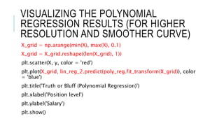 VISUALIZING THE POLYNOMIAL
REGRESSION RESULTS (FOR HIGHER
RESOLUTION AND SMOOTHER CURVE)
X_grid = np.arange(min(X), max(X), 0.1)
X_grid = X_grid.reshape((len(X_grid), 1))
plt.scatter(X, y, color = 'red')
plt.plot(X_grid, lin_reg_2.predict(poly_reg.fit_transform(X_grid)), color
= 'blue')
plt.title('Truth or Bluff (Polynomial Regression)')
plt.xlabel('Position level')
plt.ylabel('Salary')
plt.show()
 