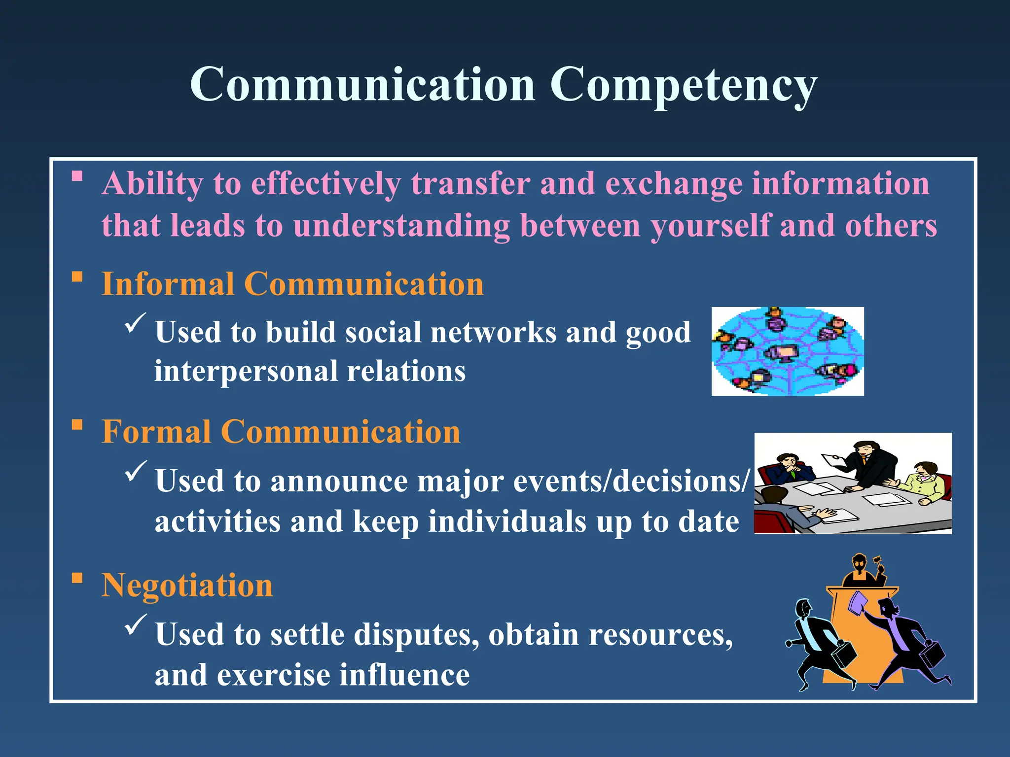 Communication Competency
 Ability to effectively transfer and exchange information
that leads to understanding between yourself and others
 Informal Communication
 Used to build social networks and good
interpersonal relations
 Formal Communication
Used to announce major events/decisions/
activities and keep individuals up to date
 Negotiation
Used to settle disputes, obtain resources,
and exercise influence
 
