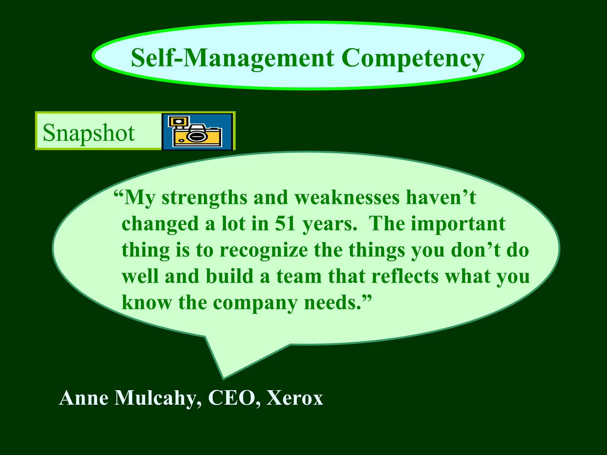 Snapshot
“My strengths and weaknesses haven’t
changed a lot in 51 years. The important
thing is to recognize the things you don’t do
well and build a team that reflects what you
know the company needs.”
Anne Mulcahy, CEO, Xerox
Self-Management Competency
 