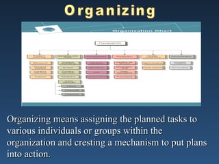 Organizing means assigning the planned tasks to
Organizing means assigning the planned tasks to
various individuals or groups within the
various individuals or groups within the
organization and cresting a mechanism to put plans
organization and cresting a mechanism to put plans
into action.
into action.
 