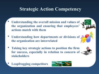 Strategic Action Competency
 Understanding the overall mission and values of
the organization and ensuring that employees’
actions match with them
 Understanding how departments or divisions of
the organization are interrelated
 Taking key strategic actions to position the firm
for success, especially in relation to concern of
stakeholders
 Leapfrogging competitors
 