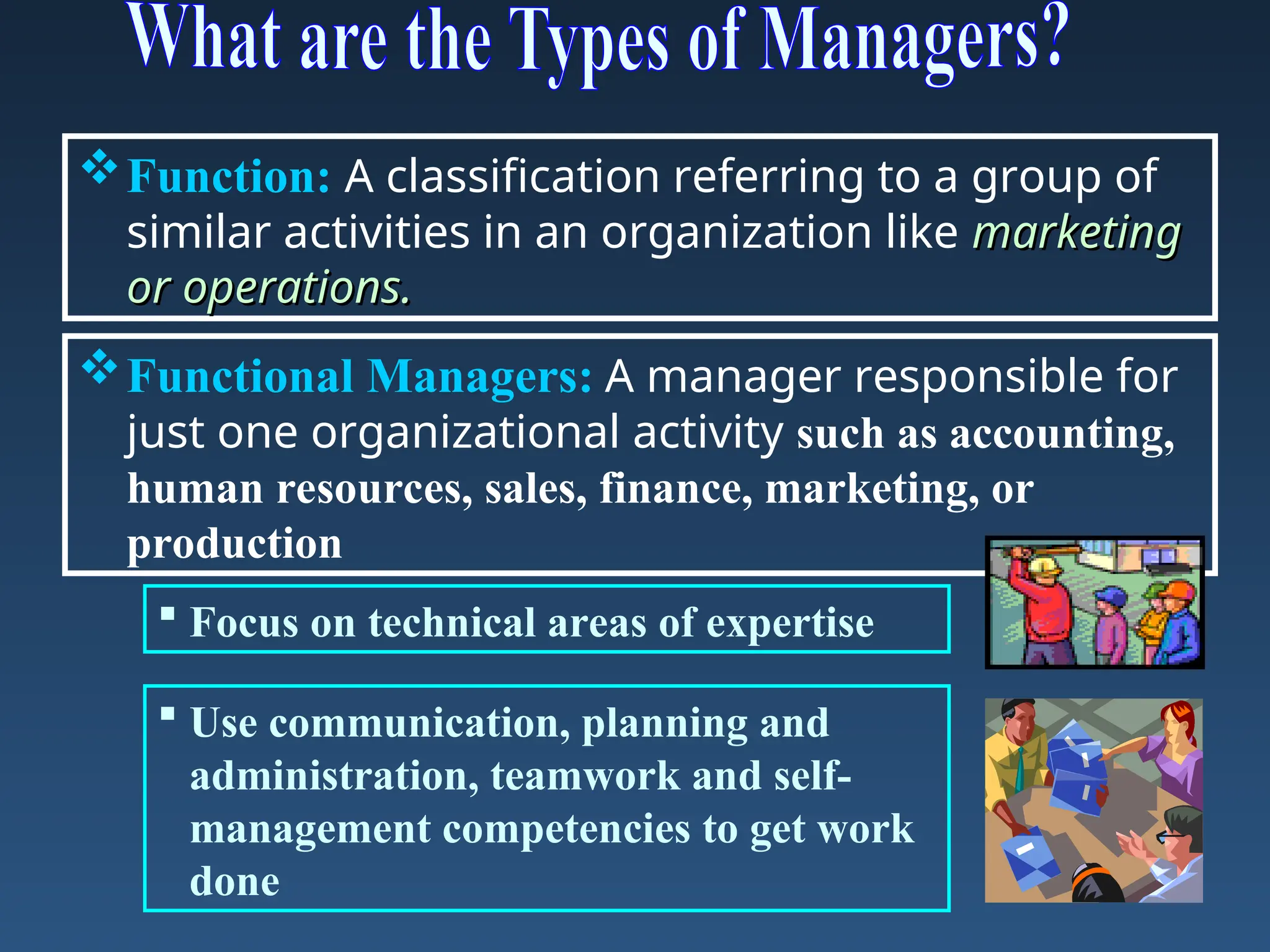 Functional Managers: A manager responsible for
just one organizational activity such as accounting,
human resources, sales, finance, marketing, or
production
 Focus on technical areas of expertise
 Use communication, planning and
administration, teamwork and self-
management competencies to get work
done
Function: A classification referring to a group of
similar activities in an organization like marketing
marketing
or operations.
or operations.
 