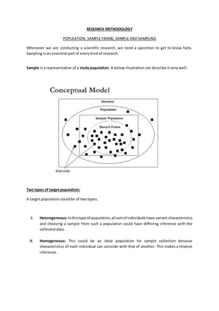 RESEARCH METHODOLOGY
POPULATION, SAMPLE FRAME, SAMPLE AND SAMPLING
Whenever we are conducting a scientific research, we need a specimen to get to know facts.
Sampling is an essential part of every kind of research.
Sample is a representative of a study population. A below illustration can describe it very well:
Two types of target population:
A target population could be of two types.
I. Heterogeneous:Inthistype of population,all sortof individuals have variant characteristics
and choosing a sample from such a population could have differing inference with the
collected data.
II. Homogeneous: This could be an ideal population for sample collection because
characteristics of each individual can coincide with that of another. This makes a relative
inference.
 