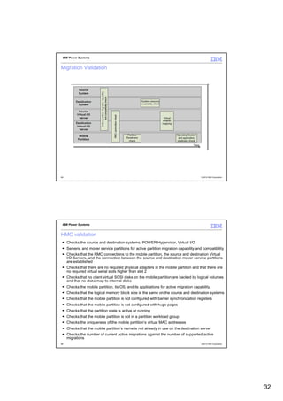 IBM Power Systems


Migration Validation




63                                                                                       © 2012 IBM Corporation




 IBM Power Systems


HMC validation
     Checks the source and destination systems, POWER Hypervisor, Virtual I/O
     Servers, and mover service partitions for active partition migration capability and compatibility
     Checks that the RMC connections to the mobile partition, the source and destination Virtual
     I/O Servers, and the connection between the source and destination mover service partitions
     are established
     Checks that there are no required physical adapters in the mobile partition and that there are
     no required virtual serial slots higher than slot 2
     Checks that no client virtual SCSI disks on the mobile partition are backed by logical volumes
     and that no disks map to internal disks
     Checks the mobile partition, its OS, and its applications for active migration capability.
     Checks that the logical memory block size is the same on the source and destination systems
     Checks that the mobile partition is not configured with barrier synchronization registers
     Checks that the mobile partition is not configured with huge pages
     Checks that the partition state is active or running
     Checks that the mobile partition is not in a partition workload group
     Checks the uniqueness of the mobile partition’s virtual MAC addresses
     Checks that the mobile partition’s name is not already in use on the destination server
     Checks the number of current active migrations against the number of supported active
     migrations
64                                                                                       © 2012 IBM Corporation




                                                                                                                  32
 