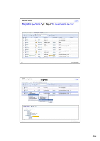 IBM Power Systems



 Migrated partition “y0112p6” to destination server




69                                              © 2012 IBM Corporation




 IBM Power Systems
                     Migrate




70                                              © 2012 IBM Corporation




                                                                         35
 