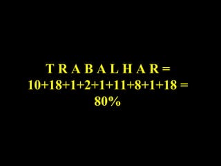 T R A B A L H A R = 10+18+1+2+1+11+8+1+18 = 80% 