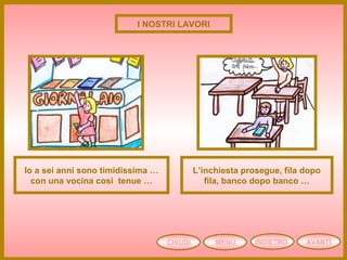 I NOSTRI LAVORI
Io a sei anni sono timidissima …
con una vocina così tenue …
L’inchiesta prosegue, fila dopo
fila, banco dopo banco …
CHIUDI MENU AVANTIINDIETRO
 