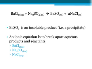 BaCl2(aq) + Na2SO4(aq)  BaSO4(s) + 2NaCl(aq)


• BaSO4 is an insoluble product (i.e. a precipitate)

• An ionic equation is to break apart aqueous
  products and reactants
  ▫ BaCl2(aq)
  ▫ Na2SO4(aq)
  ▫ NaCl(aq)
 