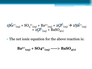 2Na1+(aq) + SO42-(aq) + Ba2+(aq) + 2Cl1-(aq)  2Na1+(aq)
                 + 2Cl1-(aq) + BaSO4(s)

• The net ionic equation for the above reaction is:

       Ba2+(aq) + SO42-(aq) -----> BaSO4(s)
 
