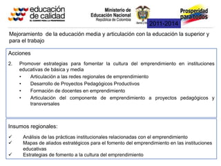 2011-2014
Mejoramiento de la educación media y articulación con la educación la superior y
para el trabajo

Acciones
2.   Promover estrategias para fomentar la cultura del emprendimiento en instituciones
     educativas de básica y media
     •   Articulación a las redes regionales de emprendimiento
     •   Desarrollo de Proyectos Pedagógicos Productivos
     •   Formación de docentes en emprendimiento
     •   Articulación del componente de emprendimiento a proyectos pedagógicos y
         transversales



Insumos regionales:
     Análisis de las prácticas institucionales relacionadas con el emprendimiento
     Mapas de aliados estratégicos para el fomento del emprendimiento en las instituciones
      educativas
     Estrategias de fomento a la cultura del emprendimiento
 