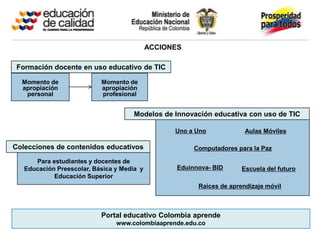 ACCIONES

 Formación docente en uso educativo de TIC

  Momento de               Momento de
  apropiación              apropiación
   personal                profesional


                                      Modelos de Innovación educativa con uso de TIC

                                                  Uno a Uno             Aulas Móviles

Colecciones de contenidos educativos                    Computadores para la Paz

      Para estudiantes y docentes de
   Educación Preescolar, Básica y Media y          Eduinnova- BID      Escuela del futuro
            Educación Superior
                                                         Raíces de aprendizaje móvil



                           Portal educativo Colombia aprende
                                www.colombiaaprende.edu.co
 