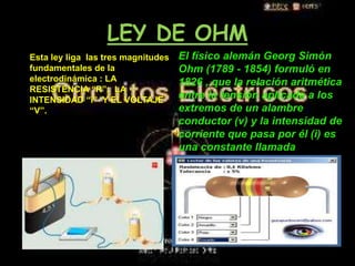LEY DE OHM El físico alemán Georg Simón Ohm (1789 - 1854) formuló en 1826 , que la relación aritmética entre la tensión aplicada a los extremos de un alambre conductor (v) y la intensidad de corriente que pasa por él (i) es una constante llamada resistencia.  Esta ley liga  las tres magnitudes fundamentales de la electrodinámica : LA RESISTENCIA “R”;  LA INTENSIDAD “i”  Y EL VOLTAJE “V”. 
