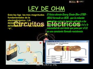 LEY DE OHM El físico alemán Georg Simón Ohm (1789 - 1854) formuló en 1826 , que la relación aritmética entre la tensión aplicada a los extremos de un alambre conductor (v) y la intensidad de corriente que pasa por él (i) es una constante llamada resistencia.  Esta ley liga  las tres magnitudes fundamentales de la electrodinámica : LA RESISTENCIA “R”;  LA INTENSIDAD “i”  Y EL VOLTAJE “V”. 