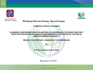 Asociación Nacional de
Especialistas en Irrigación

Workshop: Remote Sensing - Beyond Images
Irrigation scheme managers

PLANNING, MONITORING AND EVALUATION OF SUSTAINABLE, EFFICIENT AND COST
EFFECTIVE WATER USE IN AGRICULTURE IRRIGATION SUPPORTED IN THE USE OF
REMOTE SENSING IN MEXICO
MÉXICO, XXI CENTURY, CHANGES IN THE PARADIGMS
By
E. Mejía, J.M. Espinosa & E. Mejía

December 14, 2013

 